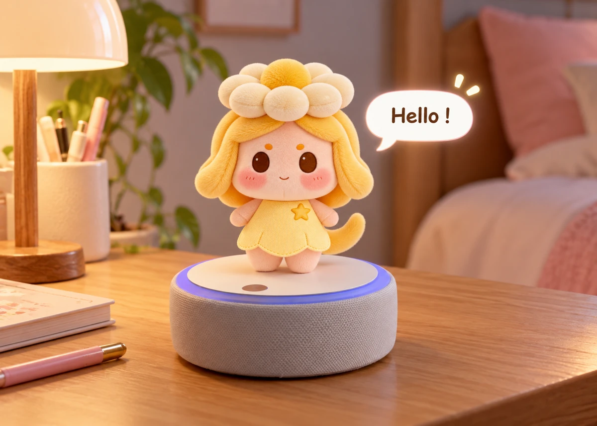 A branded flower mascot on an interactive desktop companion