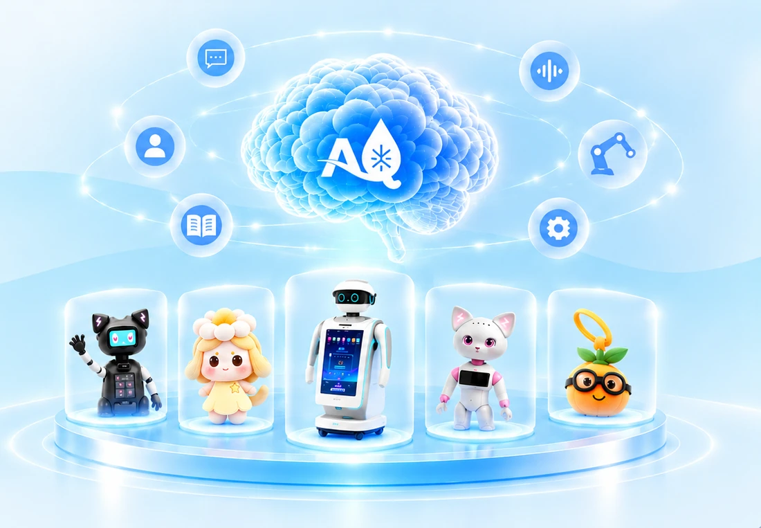 AquaMind AI brain connecting retail robots and brand companions