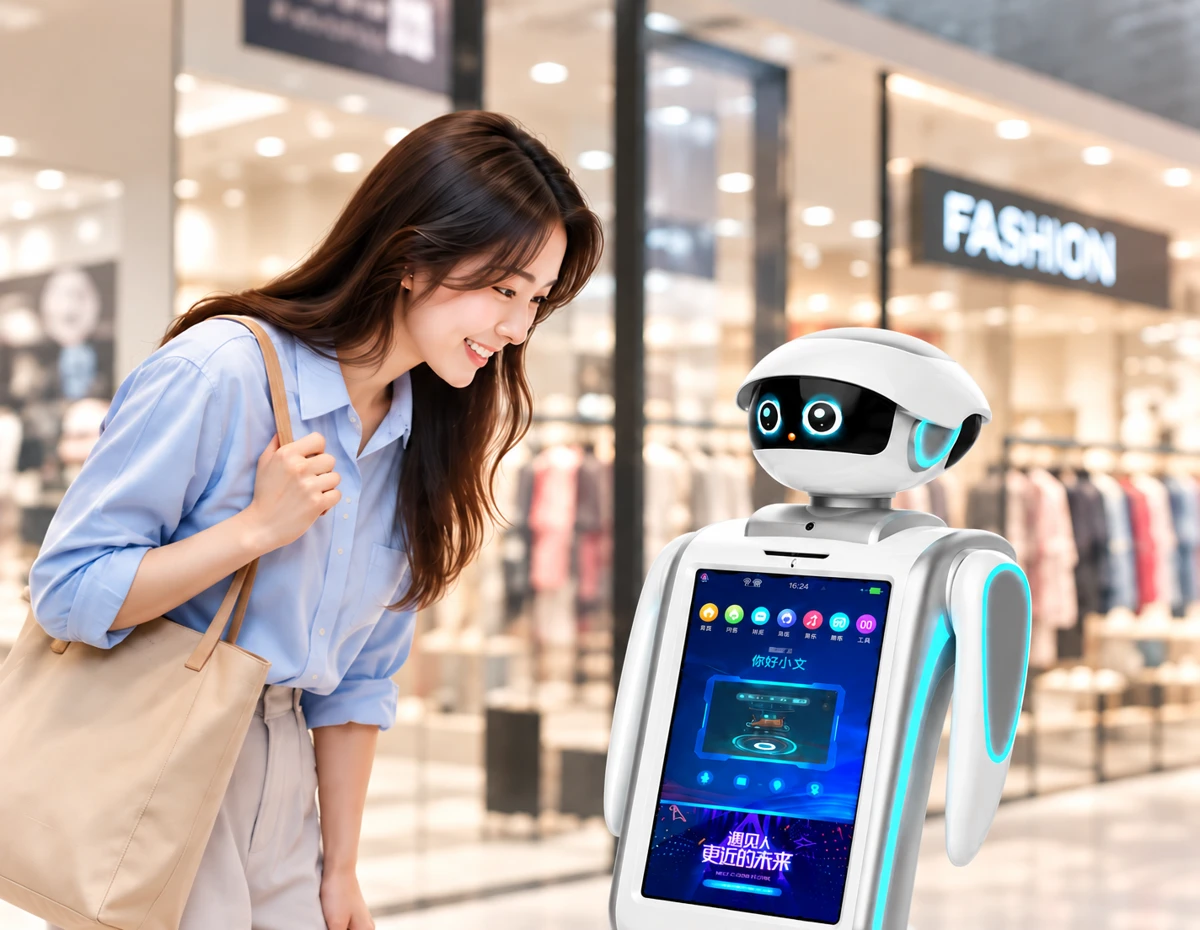 A shopper interacting with an AquaMind-powered retail robot